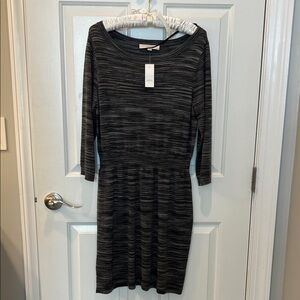 LOFT Charcoal and Black Striped Long Sleeve Dress